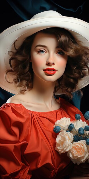 model nosi czerwoną sukienkę z niebieskimi kwiatami