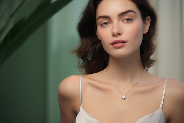 Model noszący minimalistyczny, nowoczesny i modny diamentowy naszyjnik