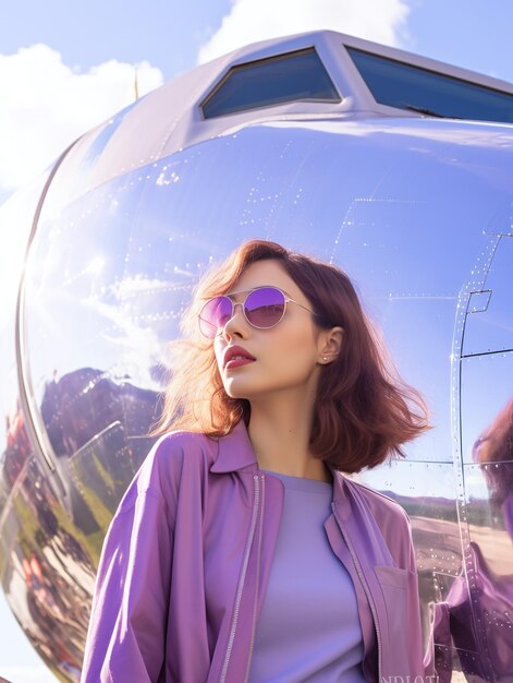 model noszący okulary na tle fioletowego samolotu