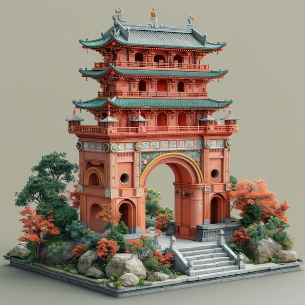 model pagody z liczbą 3 na niej