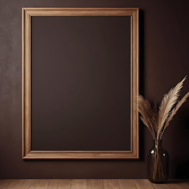 Model plakatu przedstawiający pionową drewnianą ramę na tle bogatej ciemno-brązowej ściany