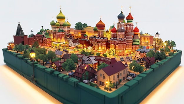 Model rosyjskiej wioski z dużym kościołem pośrodku.