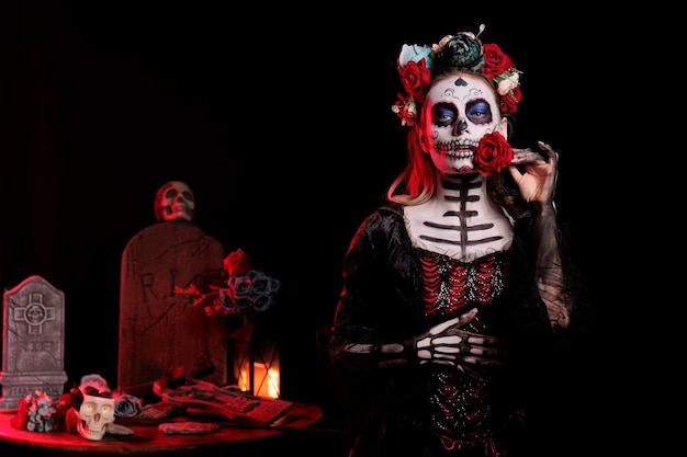 Model Santa muerte z festiwalowym makijażem w koronie z kwiatów i tradycyjnym stroju dios de los muertos. Trzymając różę i pozowanie na obchody kultury meksykańskie wakacje.