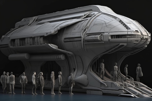Model statku kosmicznego z dużymi drzwiami i kilkoma osobami na nich.