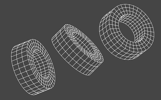 Zdjęcie model szkieletowy wydrążonych cylindrów izolowanych na czarnym tle abstrakcyjne pierścienie siatki linii geometrycznych zarys białej siatki 3d renderowania figur zestaw cyfrowa technologia projekt makieta obiektów graficznych