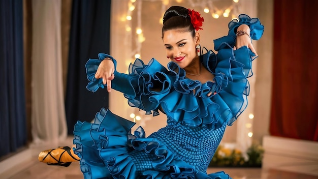 Model tancerka flamenco w niebieskim stroju i tanecznym updo w romantycznej pozycji