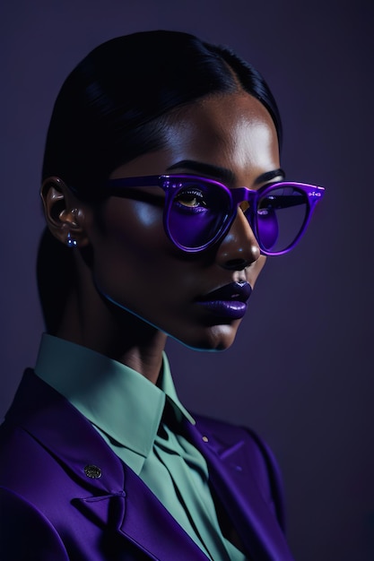 Model ubrany w eleganckie fioletowe ubrania i okulary przeciwsłoneczne Generative Ai