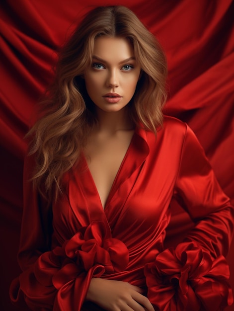 Model w czerwonej sukience z długimi blond włosami.