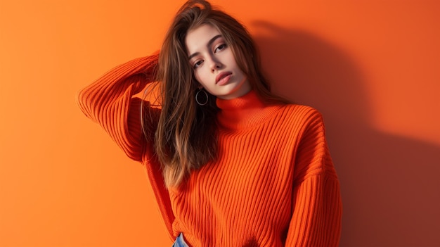 Model w przytulnym swetrze i dżinsach z jesiennym pomarańczowym tłem
