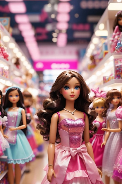 Model w różowych sukniach jak blond lalka zabawka Trend Woman z kinematograficznym tłem
