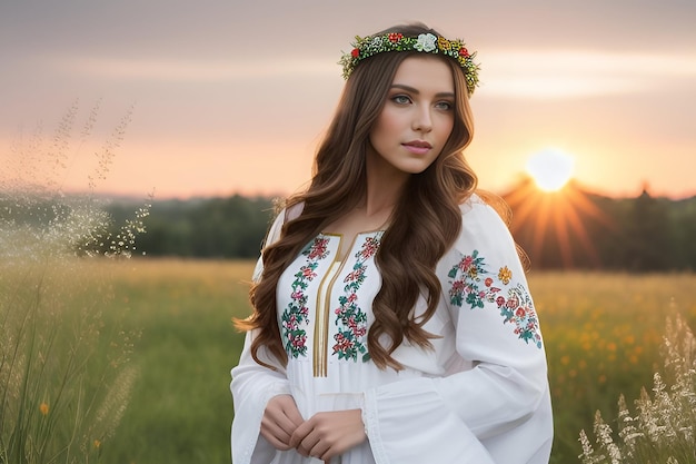 Model w wieńcu i białej haftowanej sukience stoi o zachodzie słońca wśród trawy na łące