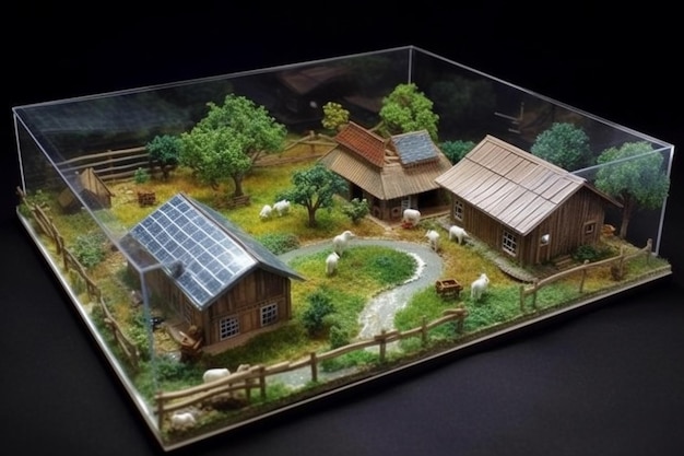Model wioski w szklanej misce na czarnym tle