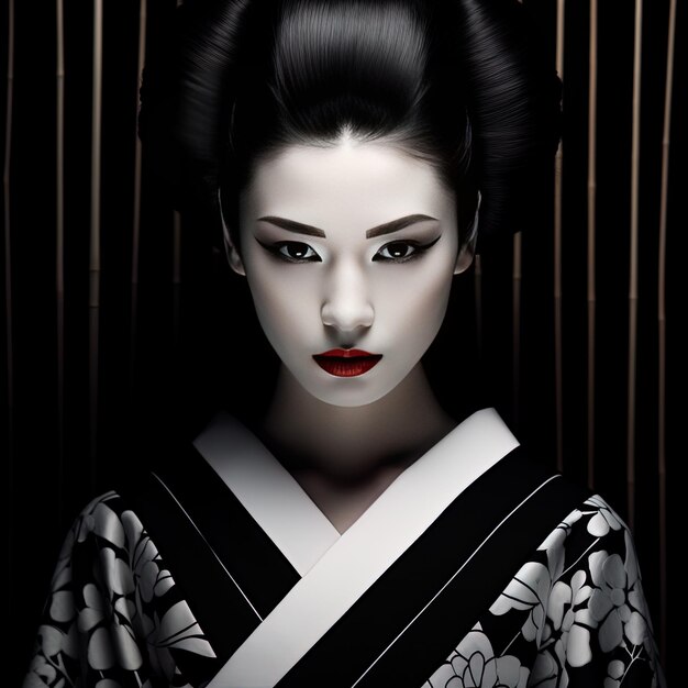 model z czarnym i białym kimono na nim