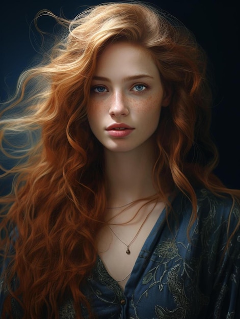 Model z czerwonymi włosami i naszyjnikiem.