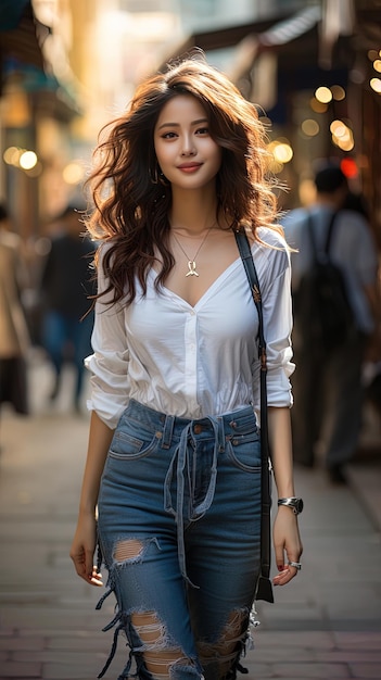 Model z długimi włosami i białą koszulką idzie ulicą.