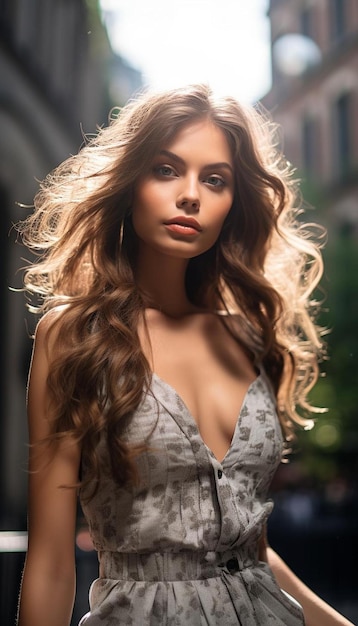 Model z długimi włosami i srebrną sukienką.