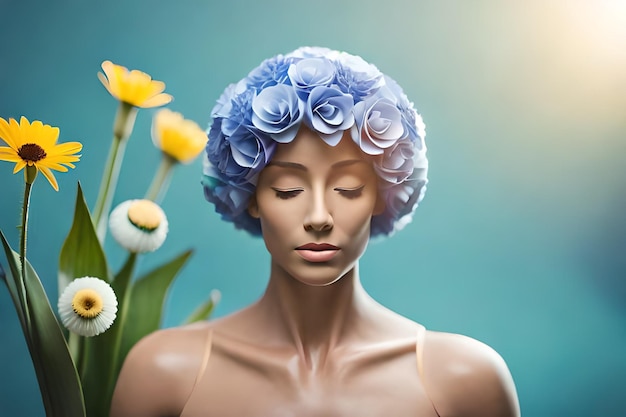 model z niebieskimi włosami i kwiatami