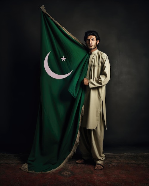 Zdjęcie model z pakistańską flagą na ramieniu przypadkowego stałego tła