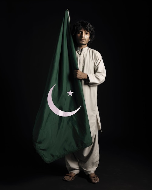 model z pakistańską flagą na ramieniu przypadkowego stałego tła
