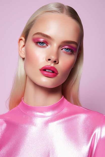 Model z różowym topem i różowymi ustami