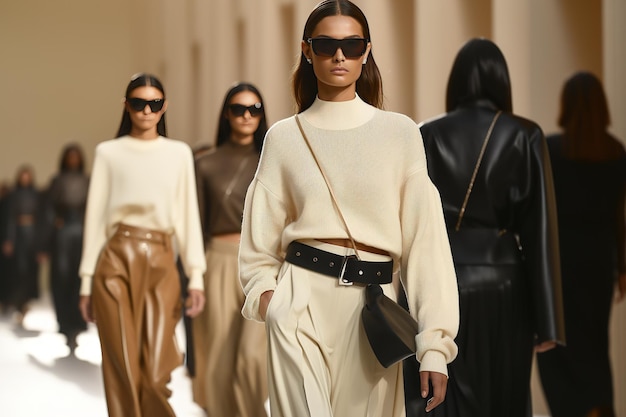 Zdjęcie modele chodzą po wybiegu w jasno czarnych i beżowych ubraniach w stylu normcore ubrania mają teksturowane płaszczyzny pigmentu i są inspirowane latami siedemdziesiątymi