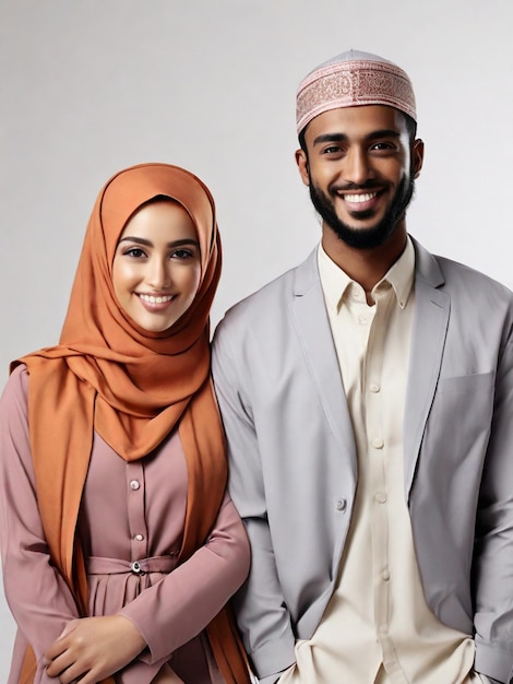 Zdjęcie modele muzułmańskie mężczyzna i kobieta czysty biały tło uśmiechnięte noszące hidżab noszące peci z
