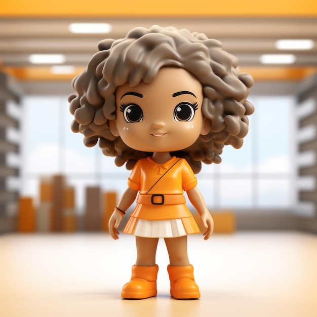 Modelka 3D z kręconymi włosami i pomarańczową sukienką