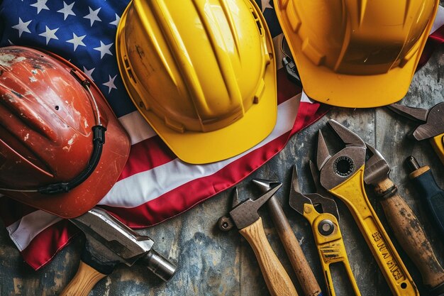 Zdjęcie modelka dnia pracy z narzędziami ręcznymi i amerykańską flagą