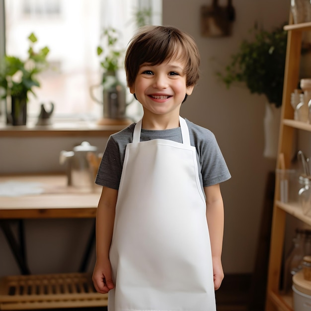 Modelka fartucha dla szczęśliwego chłopca gotującego w kuchni domowej