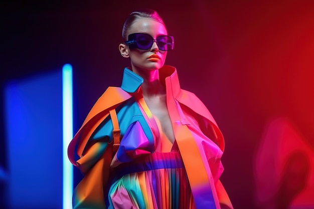 Modelka idzie po wybiegu w jasnym, niezwykłym, abstrakcyjnym stroju na pokazie mody Ilustracja Generative AI Fashion Week