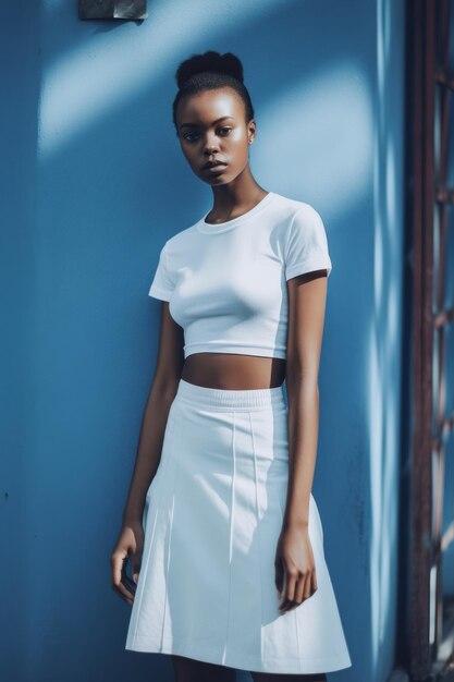 Modelka ma na sobie biały top i spódniczkę z nowej kolekcji.
