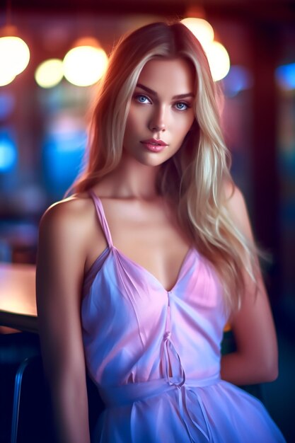 Modelka o blond włosach i różowej sukience stoi w ciemnym pokoju.