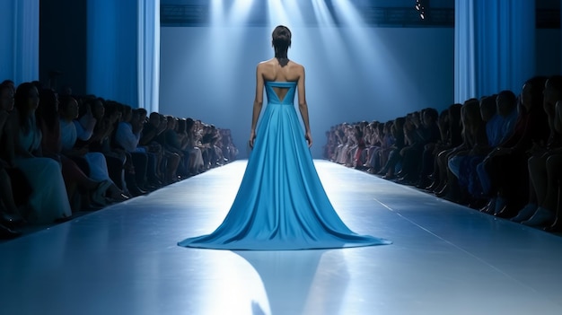 modelka spacerująca po wybiegu w pokazie mody w niebieskiej sukience