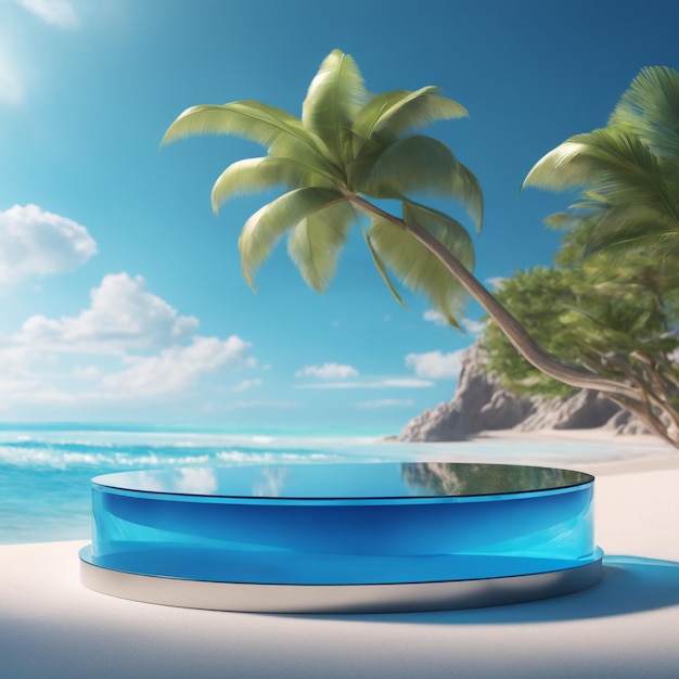 Modelka szklanego podium plażowego do prezentacji produktu z niebieskim tłem przyrody i plażą i chmurami