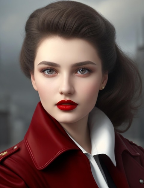 modelka ubrana w czerwoną skórzaną kurtkę z białym kołnierzykiem i czerwoną szminką.