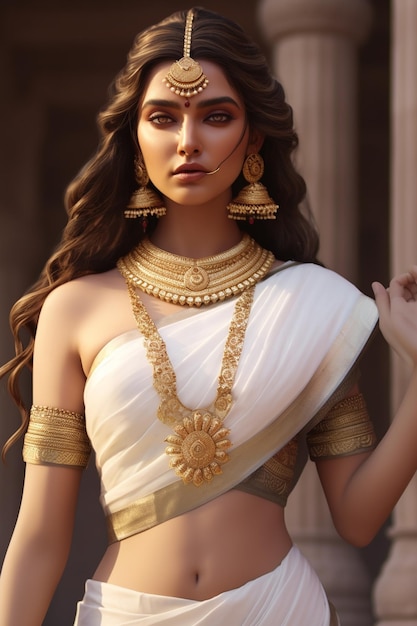 modelka w białym sari ze złotymi akcentami.