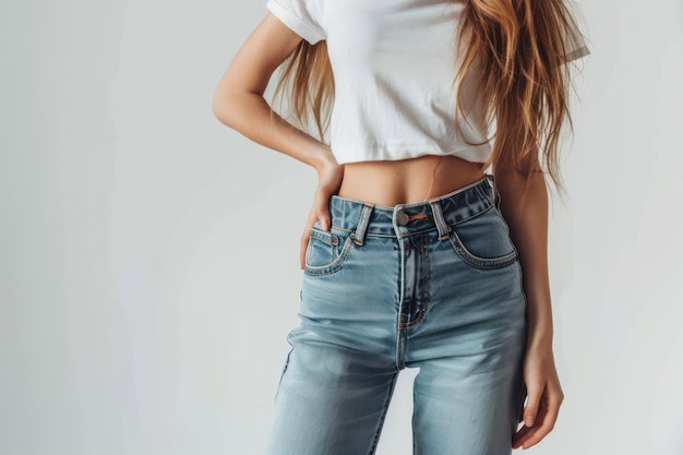 modelka w skinny dżinsach z białym tłem w studiu