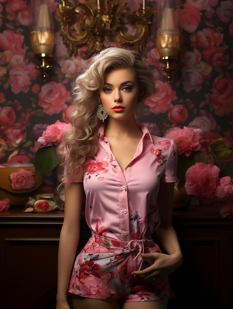 modelka z blond włosami i różową sukienką z kwiatami z przodu.