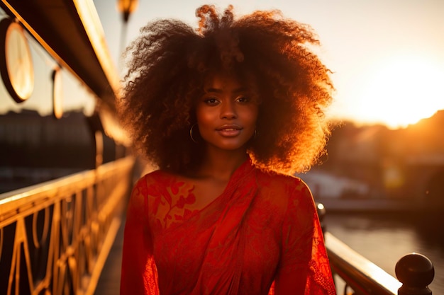 Modelka z czarną skórą i włosami w stylu afro pozuje