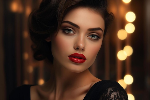 Zdjęcie modelka z czerwonymi ustami i czarną sukienką