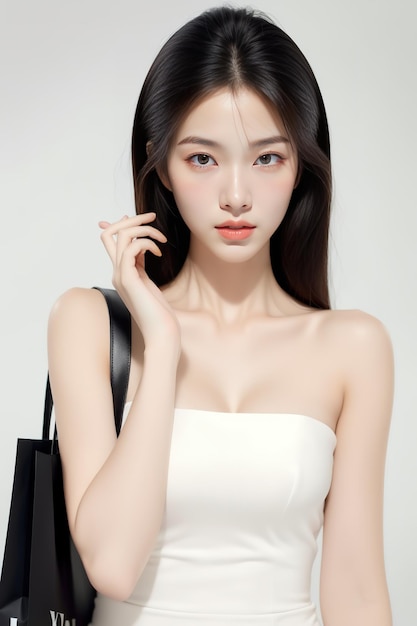 modelka z długimi włosami i białą sukienką z czarną torbą