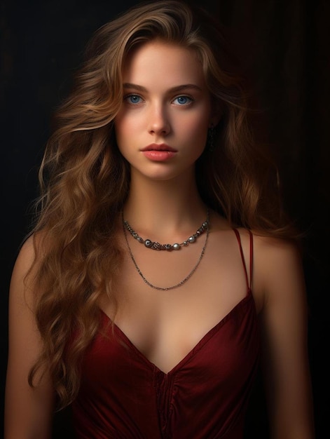 modelka z długimi włosami i czerwoną sukienką z naszyjnikiem z napisem „słowo”.