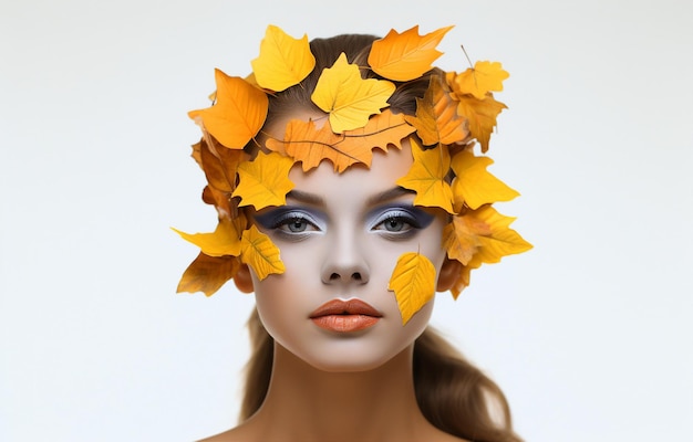 modelka z jesiennymi liśćmi na głowie