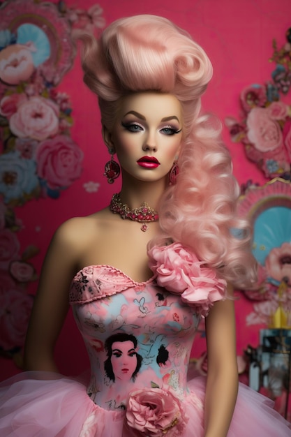 Zdjęcie modelka z różowymi włosami i różową sukienką z różowym kwiatem z przodu.