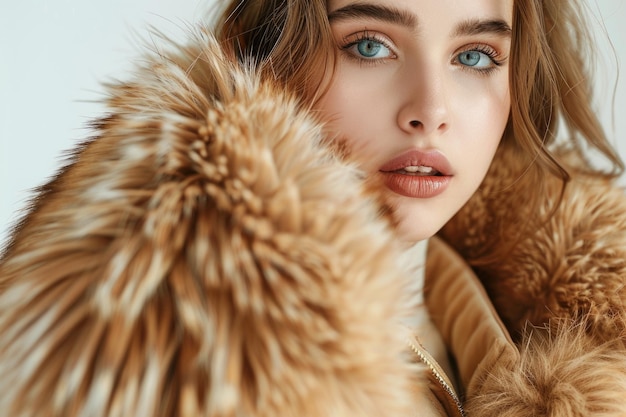 Modelka z zimowym luksusowym futrem pozująca w sklepie