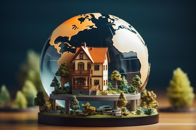 Modelowy dom z kulą ziemską na szczycie symbolizujący globalną własność domów