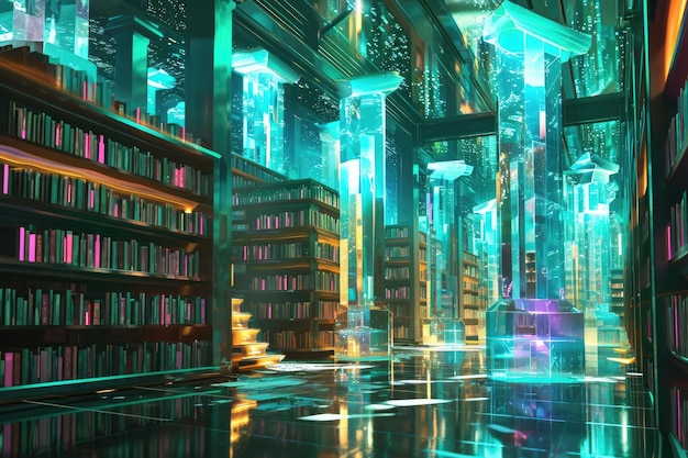 Zdjęcie modernistyczna biblioteka wypełniona rozległą kolekcją książek futuristyczna bibliotekę z danymi przechowywanymi w holograficznych kryształach generowana przez sztuczną inteligencję