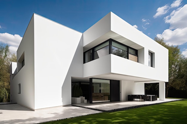 Modernistyczny dom z minimalistycznymi i eleganckimi detalami zewnętrznymi stworzonymi za pomocą generatywnej sztucznej inteligencji