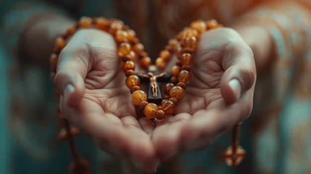 Modlitwa duszna człowiek w cichym oddanie ręce przytuliły się wokół krzyża różaniec szukając pociechy i duchowego połączenia uchwycając istotę spokojnej kontemplacji wiary i oddania religijnego