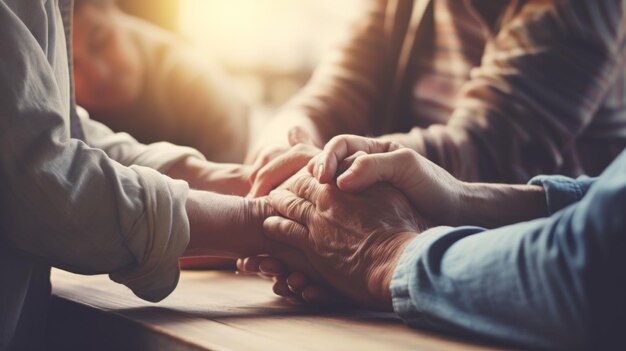 Modlitwa Empatia i wsparcie Ludzie trzymający się za ręce w komfortowej opiece lub zrozumieniu na drewnianym stole domowej generatywnej AI